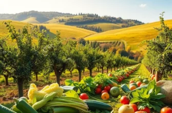 A vibrant field filled with various vegetables and fruits under bright sunlight, symbolizing fresh organic farming.