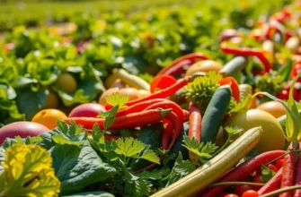 A beautiful sunlit field filled with organic fruits and vegetables surrounded by lush greenery.