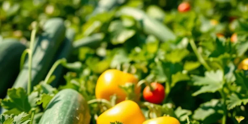A beautiful field with assorted organic vegetables and fruits growing naturally, emphasizing a healthy cooking lifestyle.