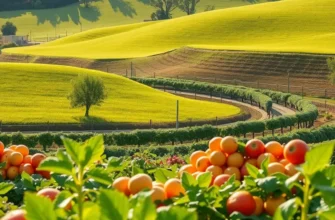 A stunning landscape reflecting an organic orchard with healthy fruits and vegetables thriving under a warm sun.