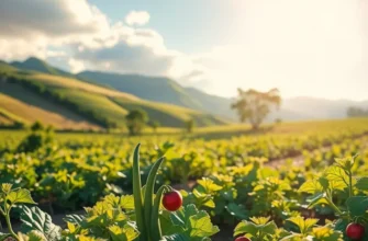 A sunlit field of colorful organic produce growing abundantly in a natural setting.