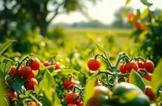 A beautiful sunlit field filled with fresh organic vegetables and fruits in a natural setting.