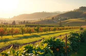 A beautiful sunlit landscape with an assortment of organic vegetables and fruits, signifying the importance of fresh ingredients.
