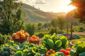 Vibrant sunlit landscape filled with organic fruits and vegetables.