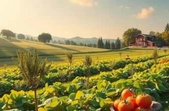 A breathtaking organic landscape featuring a sunlit field with fresh vegetables and fruits, representing healthy nutrition.
