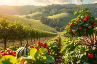 A lush, sunlit landscape showcasing organic fruits and vegetables growing naturally.