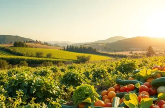 A beautiful landscape showing organic fruits and vegetables in a sunlit field.