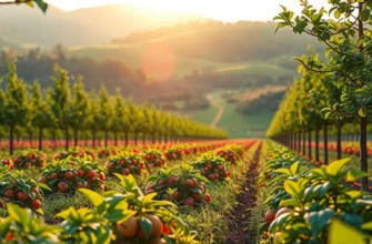 Scenic landscape of an orchard filled with healthy organic fruits and vegetables.