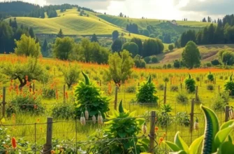 A bright and colorful landscape of organic fruits and vegetables in a natural setting.