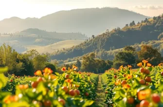A lush, natural landscape filled with vibrant organic fruits and vegetables under soft lighting.