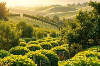 Scenic landscape of organic vegetables and fruits in a lush, sunlit field.