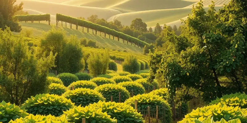 Scenic landscape of organic vegetables and fruits in a lush, sunlit field.
