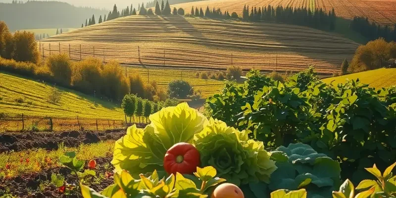 A vibrant landscape filled with fresh fruits and vegetables in a lush, natural setting.