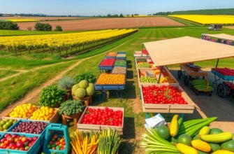 Photorealistic landscape featuring a sunlit field abundant with organic fruits and vegetables.
