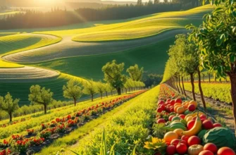 A picturesque sunlit field full of organic vegetables and fruits.