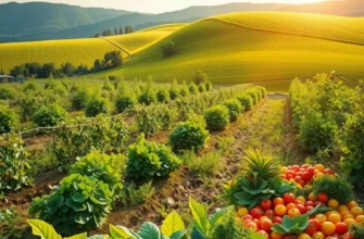 A sunlit field rich with various organic fruits and vegetables.