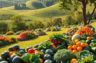 A lush, picturesque landscape filled with organic vegetables and fruits.
