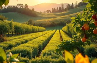 A beautiful sunlit orchard filled with vibrant organic produce and lush greenery.