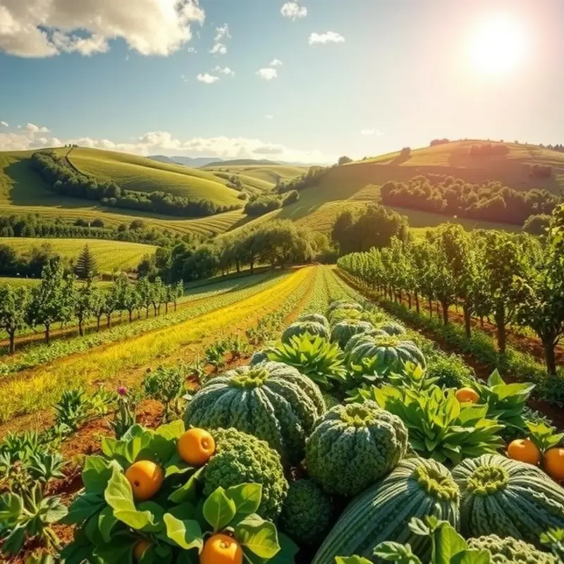 A scenic view of an organic orchard bursting with vibrant fruits and vegetables.