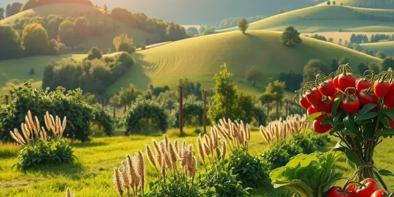 A vibrant landscape showcasing organic vegetables and fruits growing in a natural setting.
