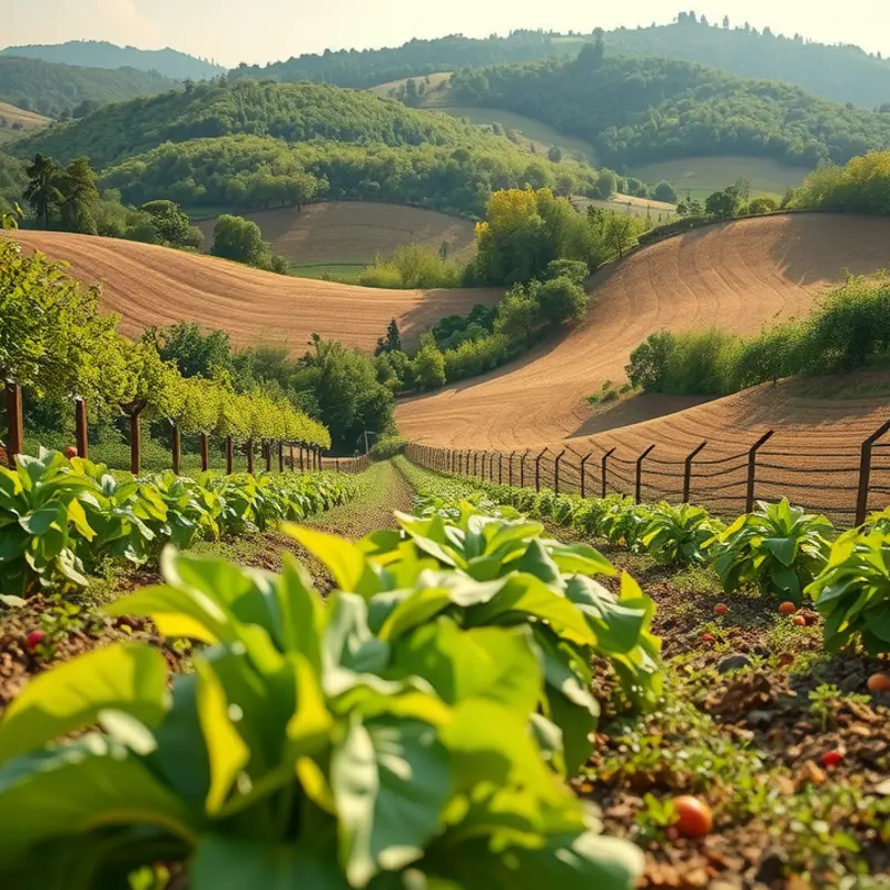 A sunlit landscape filled with vibrant fruits and vegetables representing freshness.