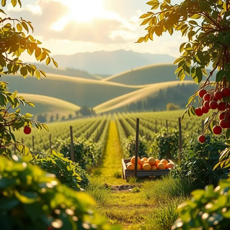 A sunlit orchard filled with fresh fruits and vegetables symbolizing proper food organization.