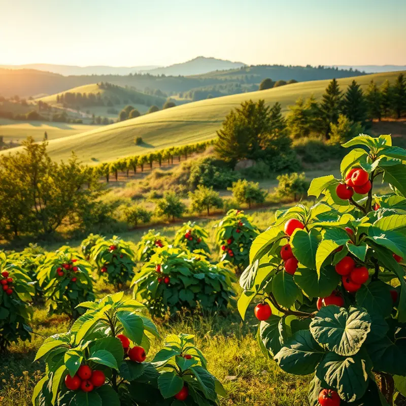 A picturesque orchard full of fresh, organic fruits and vegetables thriving in nature.