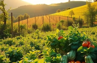 A serene sunlit field depicting an abundance of organic vegetables and fruits set against gentle hills.