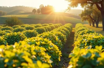A tranquil field showcasing an array of organic produce thriving in a natural landscape.