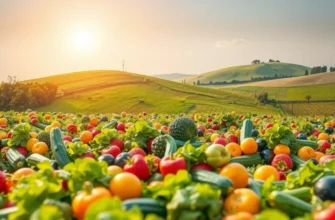 A peaceful sunlit orchard filled with colorful fruits and vegetables, representing wholesome nourishment.