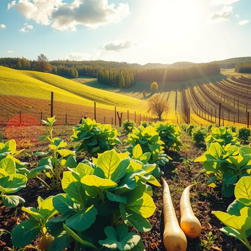 A sunlit orchard filled with vibrant fruits and vegetables.