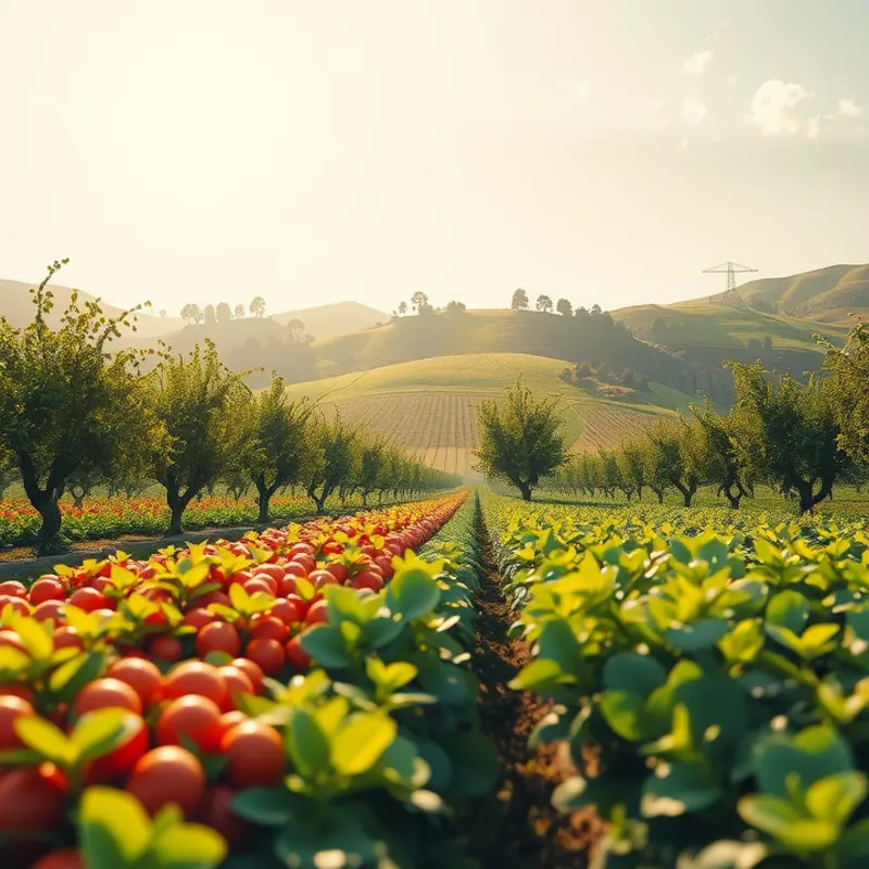 A vibrant orchard showcasing seasonal produce in a sunlit landscape.