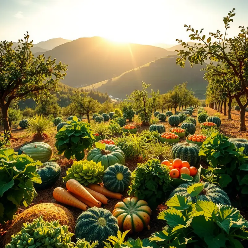 A serene landscape showcasing abundant organic vegetables and fruits in their natural setting.