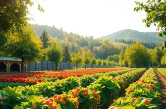 A vibrant landscape showcasing an abundance of fresh vegetables and fruits under warm sunlight.