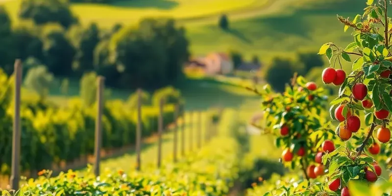 An open field with flourishing organic vegetables and fruits under the sunlight.