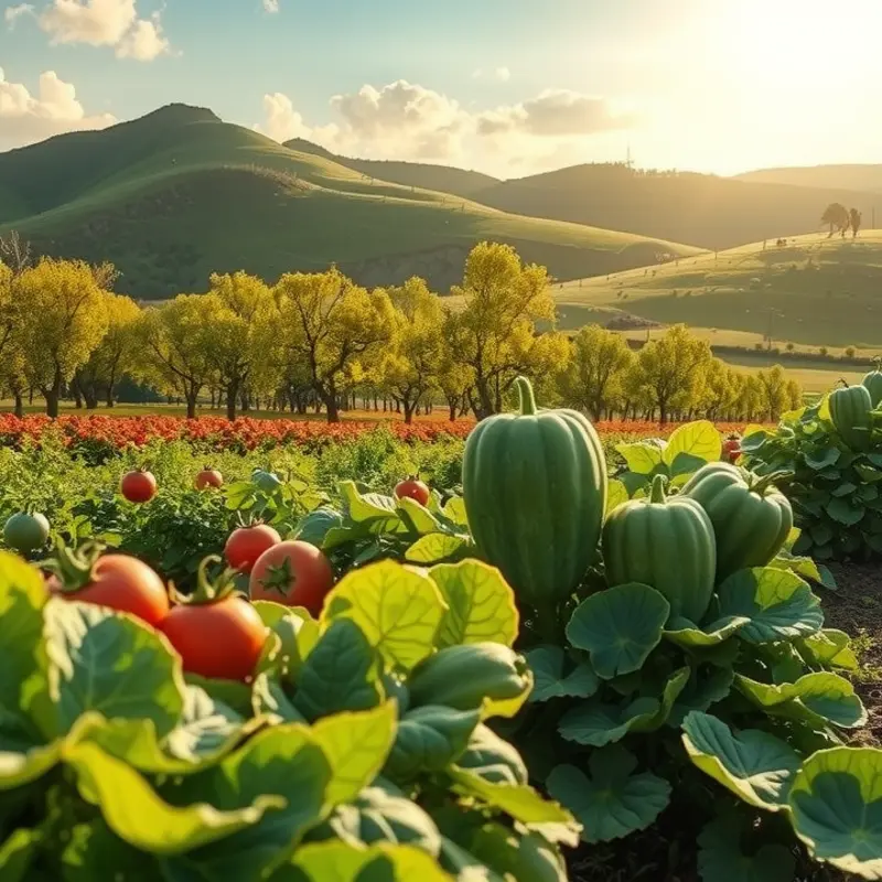 A sunlit field filled with vibrant, organic vegetables and fruits.