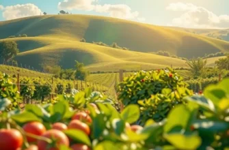 A picturesque view depicting a lush field with various organic vegetables and fruits growing abundantly under the sun.