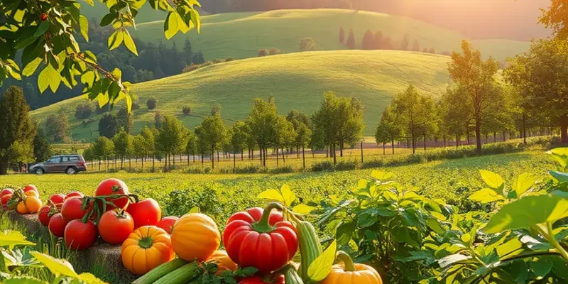 A picturesque view of organic fruits and vegetables growing in a natural setting.