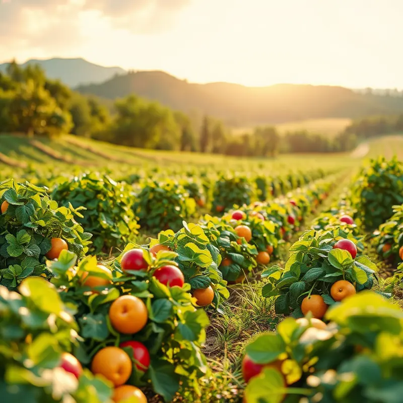 A sunlit orchard showcasing vibrant fruits and vegetables, representing natural nutrition.