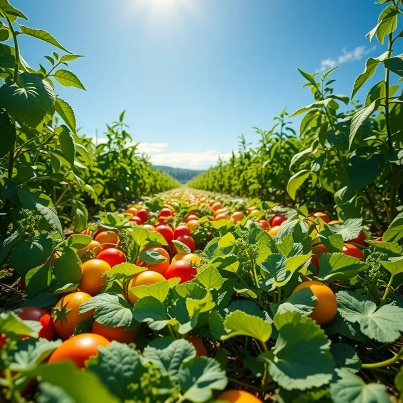 A vivid landscape brimming with seasonal fruits and vegetables amidst natural scenery.