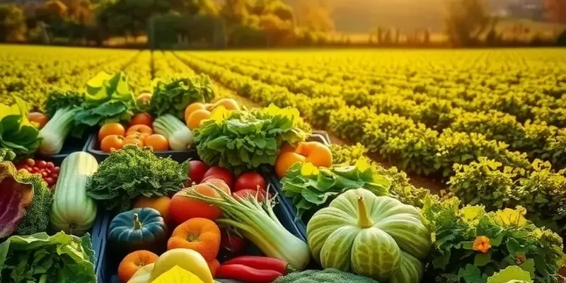 Serene field abundant with organic vegetables and fruits in a natural setting.