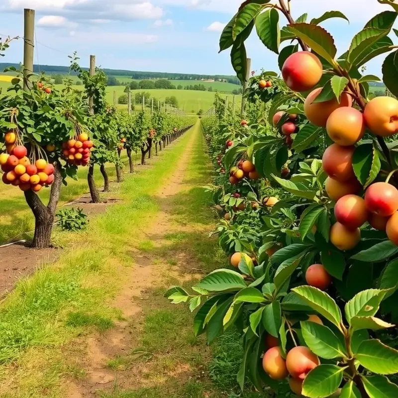 Sunlit field abundant with vibrant fruits and vegetables.