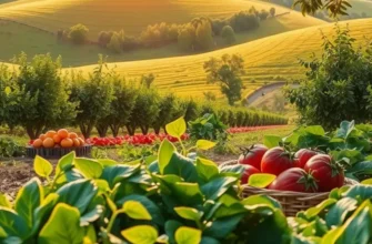A peaceful garden scene showcasing an array of organic vegetables and fruits against a backdrop of green foliage.