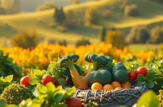 A picturesque landscape filled with fresh fruits and vegetables in a natural setting.
