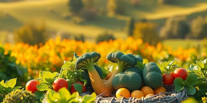 A picturesque landscape filled with fresh fruits and vegetables in a natural setting.
