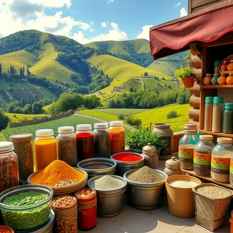 A vibrant spice market brimming with colorful ingredients set against lush green hills.