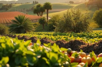 A sunlit field showcasing fertile land with vibrant vegetables and fruits among lush greenery.