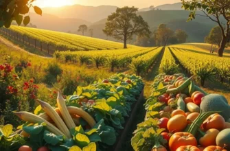 Photorealistic landscape depicting a sunlit field with vibrant fruits and vegetables, symbolizing healthy meal planning.