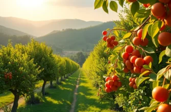A picturesque scene of a sunlit field filled with a variety of organic fruits and vegetables surrounded by natural greenery.