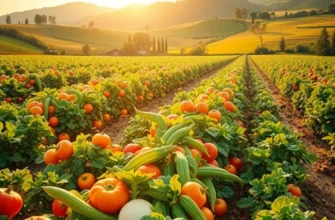 A broad view of a field showcasing an abundance of fresh, organic fruits and vegetables under warm sunlight.